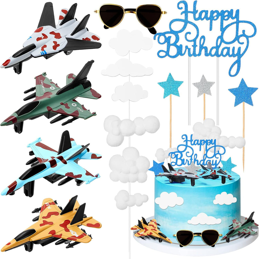 Deekin 24 Pack Airplane Cake Topper Air Force Happy Birthday Cake Decoration with Fighter Mini Sunglasses Blue Insert Signs Cloud Decorations for Airplane Theme Birthday Party Decor Supplies