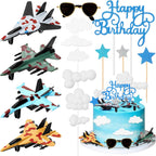 Deekin 24 Pack Airplane Cake Topper Air Force Happy Birthday Cake Decoration with Fighter Mini Sunglasses Blue Insert Signs Cloud Decorations for Airplane Theme Birthday Party Decor Supplies
