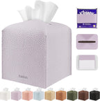 Tissue Box Cover Holder Square Tissue Cube Cover PU Leather Tissue Organizer with Bottom Belt for Bathroom, Tabletop, Car, Night Stands, Office, Home, Kitchen (1, Violet)
