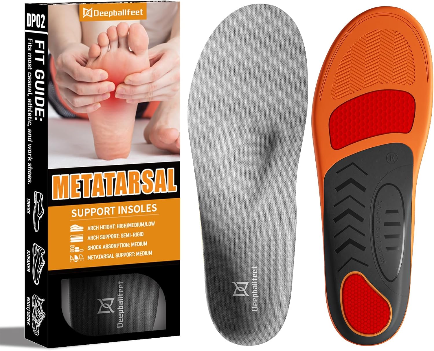Metatarsalgia Support Insoles with Built-In Metatarsal Pad for Men Women, Shoe Inserts for Morton’s Neuroma, Ball of Foot Pain Relief, Orthotic Arch Support Insoles for Standing All Day-E
