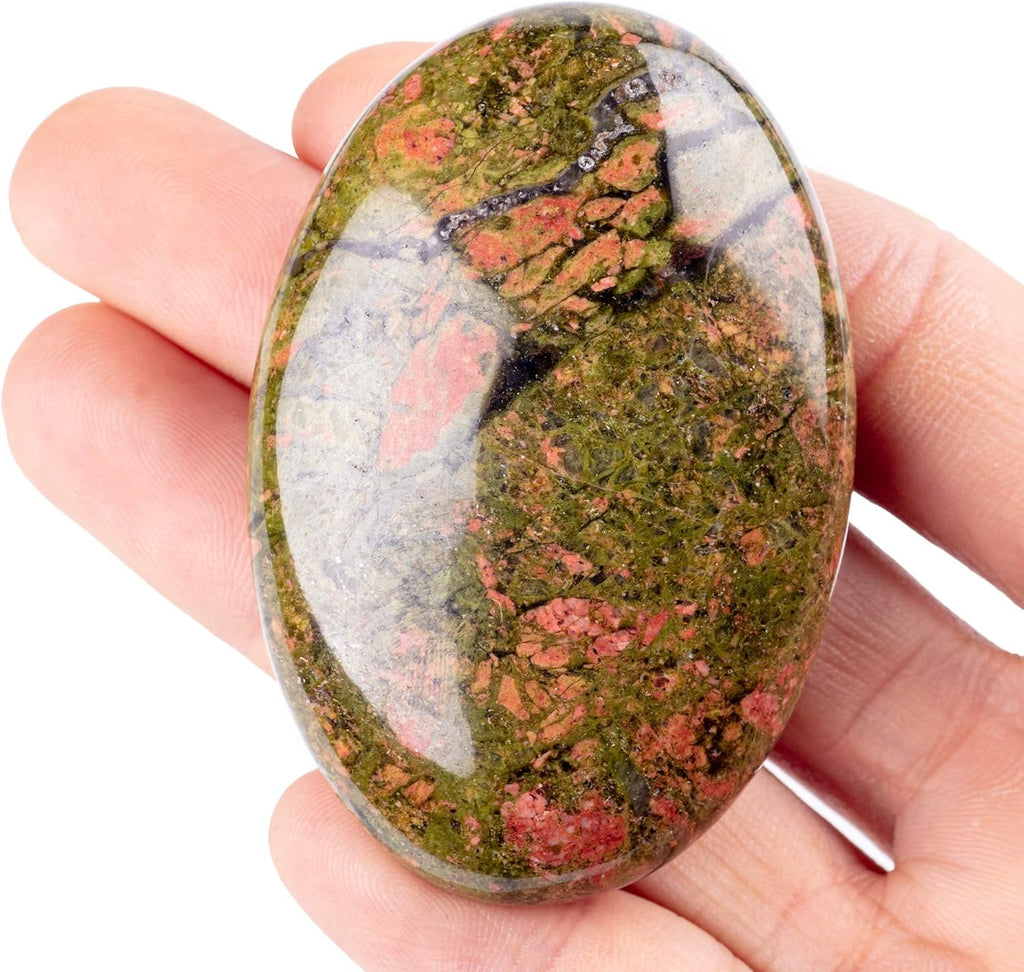 Unakite Palm Stone Crystal Natural Chakra Reiki Polished Healing Love Oval Pocket Worry Stone Crystals for Anxiety Stress Relief Therapy
