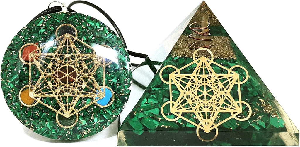 Metatron Grid Green Malachite Orgone Pyramid & Metatron’s Cube Merkaba With 7 Chakra Crystals Orgone Pendant Positive Energy Generator Aura Cleansing Reiki Chakra Healing Yoga Meditation