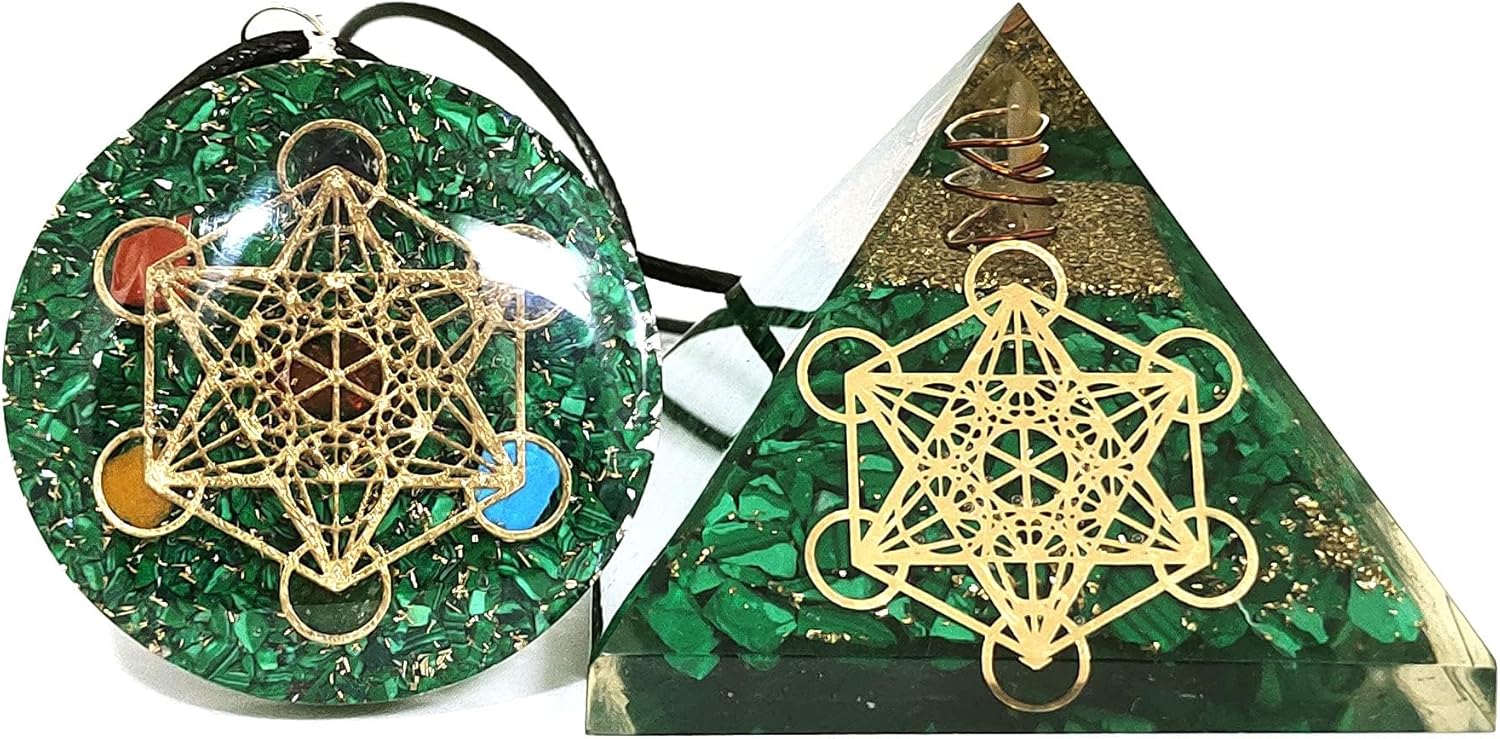 Metatron Grid Green Malachite Orgone Pyramid & Metatron’s Cube Merkaba With 7 Chakra Crystals Orgone Pendant Positive Energy Generator Aura Cleansing Reiki Chakra Healing Yoga Meditation