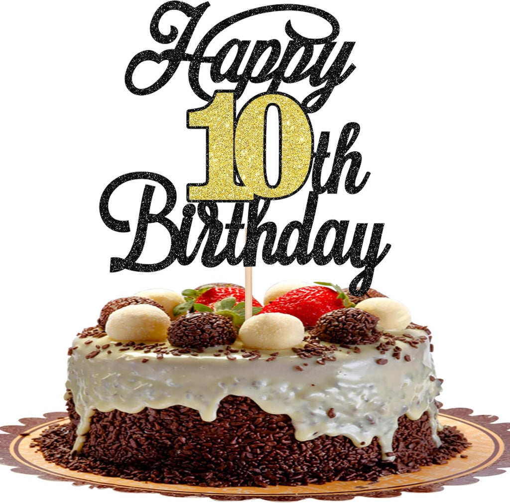 Rsstarxi 1 Pack Happy 10th Birthday Cake Topper Glitter 10 Fabulous Cake Decoration Hello 10 Cheers to 10 Years Birthday Cake Pick for Happy 10th Birthday Anniversary Party Decorations Black Gold