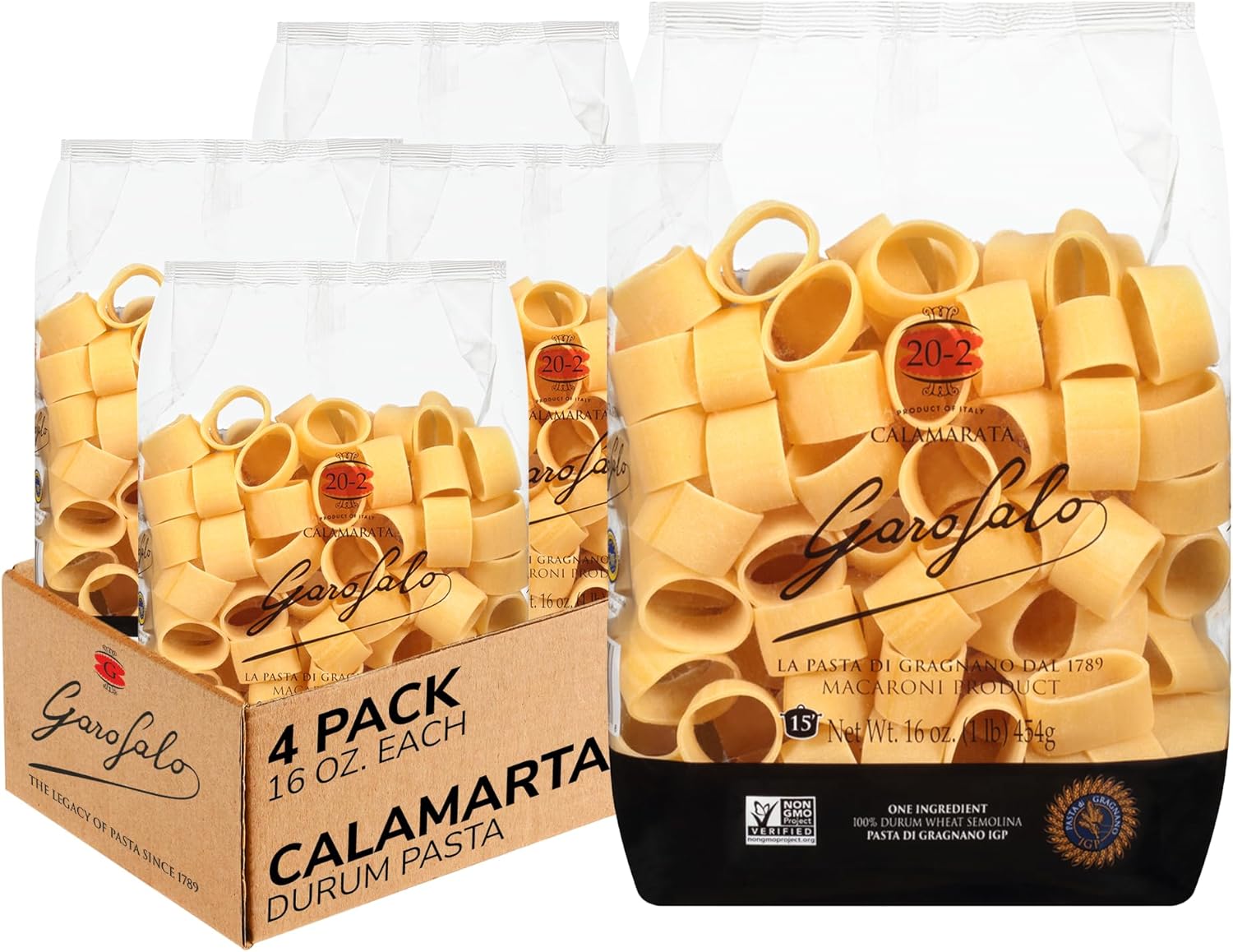 Garofalo - Premium Durum Wheat Semolina Calamarata Pasta, Italian Made, Bronze-Drawn, Al-Dente, One-Ingredient Pasta (4 pack)