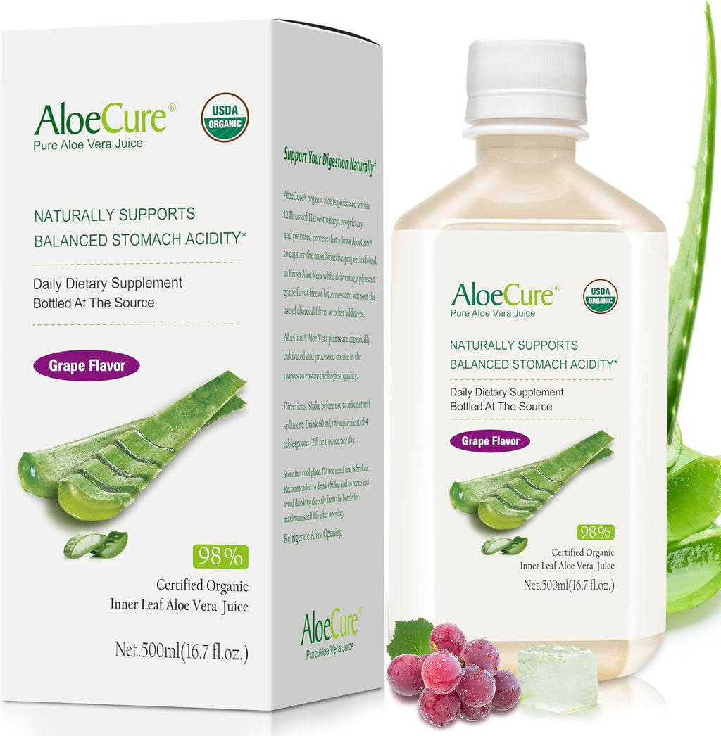 AloeCure USDA Organic Aloe Vera Juice Grape Flavor, Made Within 12 Hours of Harvest - Pure Aloe Vera Digestive & Immune Health Supplement, Helps Maintain Balanced Stomach Acidity, 16.7oz Bottle