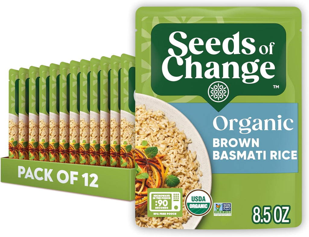 SEEDS OF CHANGE Certified Organic Brown Basmati Rice, Organic Food, 8.5 OZ Pouch (Pack of 12)