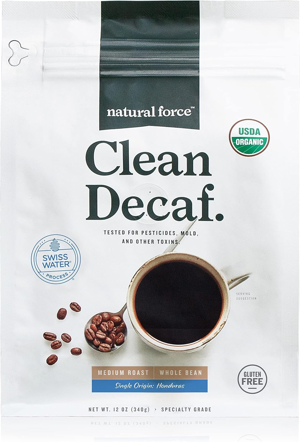 Natural Force - Organic Clean Decaf Coffee, Mold & Mycotoxin Free, Lab Tested for Toxins & Purity, Low Acidity, Whole Bean Swiss Water Decaf Medium Roast, 12 oz