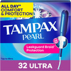 Tampax Pearl Tampons Ultra Absorbency with Leakguard Braid, Unscented, 32Count