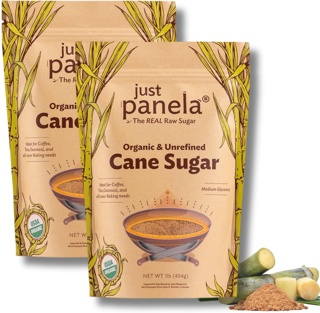 Just Panela Organic Unrefined Cane Sugar - 1 Pound, Pack of 2 - Sweeten Your Coffee with Natural Panela - Unprocessed and Handcrafted Cane Sugar with Intact Natural Minerals - Jaggery Powder