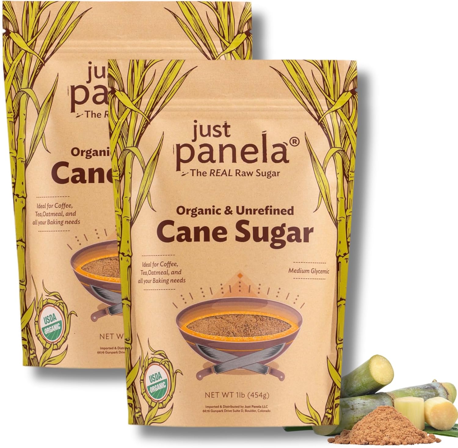 Just Panela Organic Unrefined Cane Sugar - 1 Pound, Pack of 2 - Sweeten Your Coffee with Natural Panela - Unprocessed and Handcrafted Cane Sugar with Intact Natural Minerals - Jaggery Powder