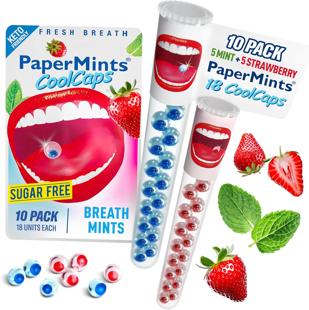 PaperMints CoolCaps Instant Fresh Breath Mints Sugar-Free Breath Freshener, Chronic bad breath treatment for adults, Dry Mouth product. Variety pack - 10 Tubes of 18 capsules