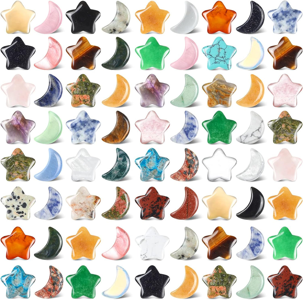 Nuenen 72 Pieces 0.8 inch Star and Moon Worry Stones Crystal Bulk Moon Shaped Thumb Gemstones Polished Pocket Star Palm Stones Bulk for Witchcraft Meditation Reiki Balancing Decor