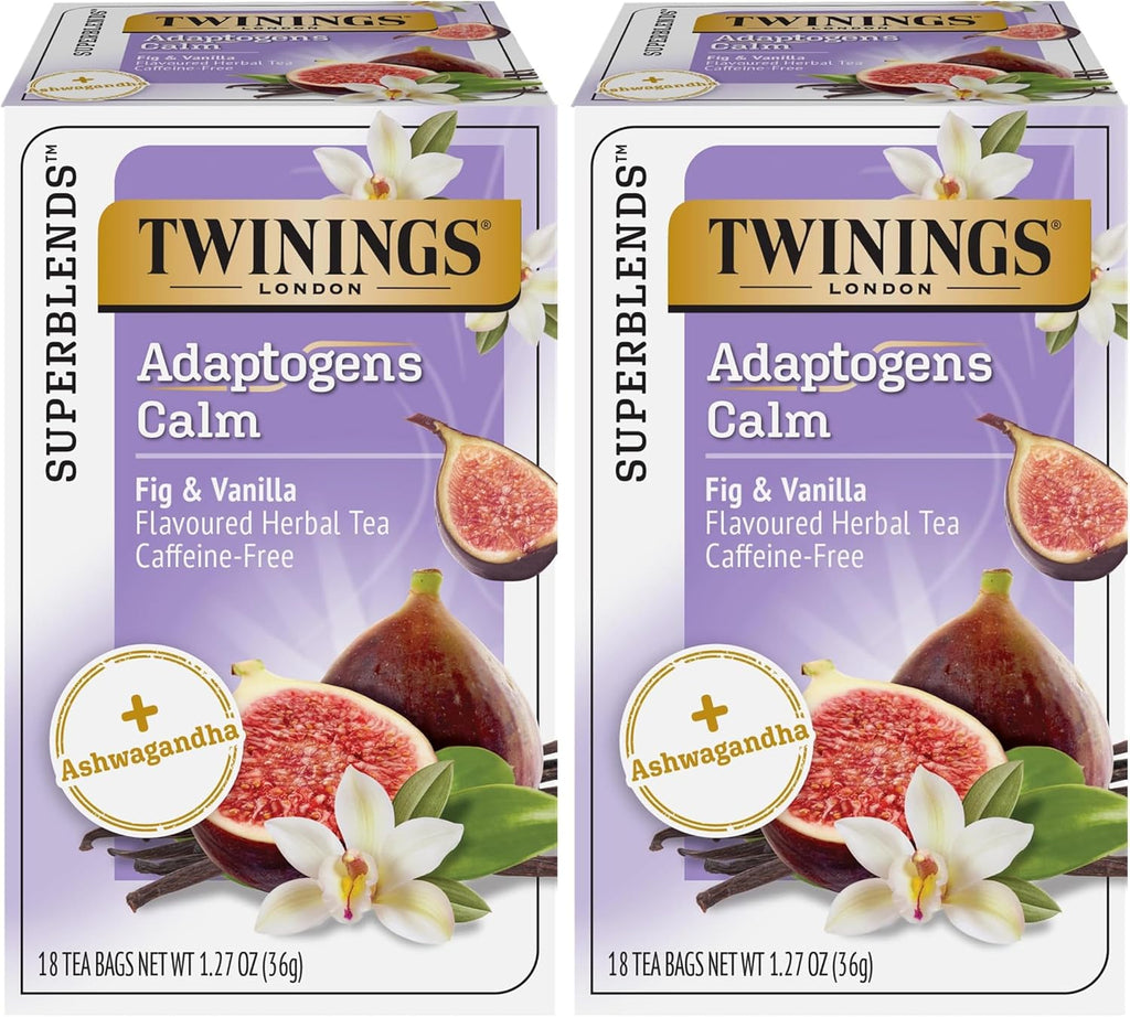 Twinings Superblends Adaptogens Calm with Ashwagandha Fig & Vanilla Flavoured Herbal Tea Caffeine-Free, 18 Tea Bags (Pack of 2), Enjoy Hot or Iced
