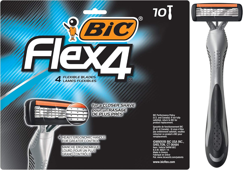 BIC Flex 4 Sensitive Disposable Razors For Men, For a Smooth, Ultra-Close and Comfortable Shave, 10 Piece Disposable Razor Set with 4 Blades