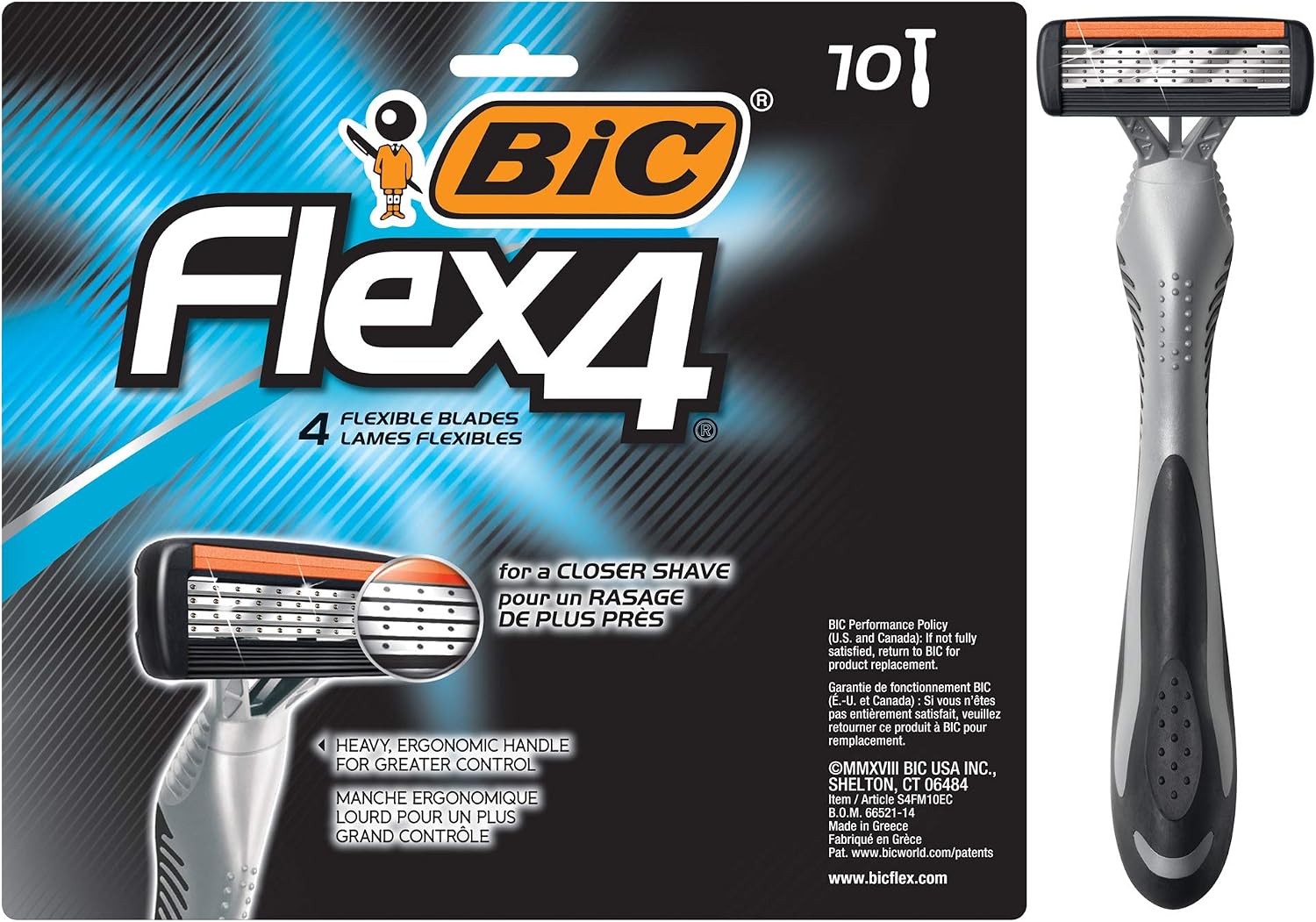 BIC Flex 4 Sensitive Disposable Razors For Men, For a Smooth, Ultra-Close and Comfortable Shave, 10 Piece Disposable Razor Set with 4 Blades
