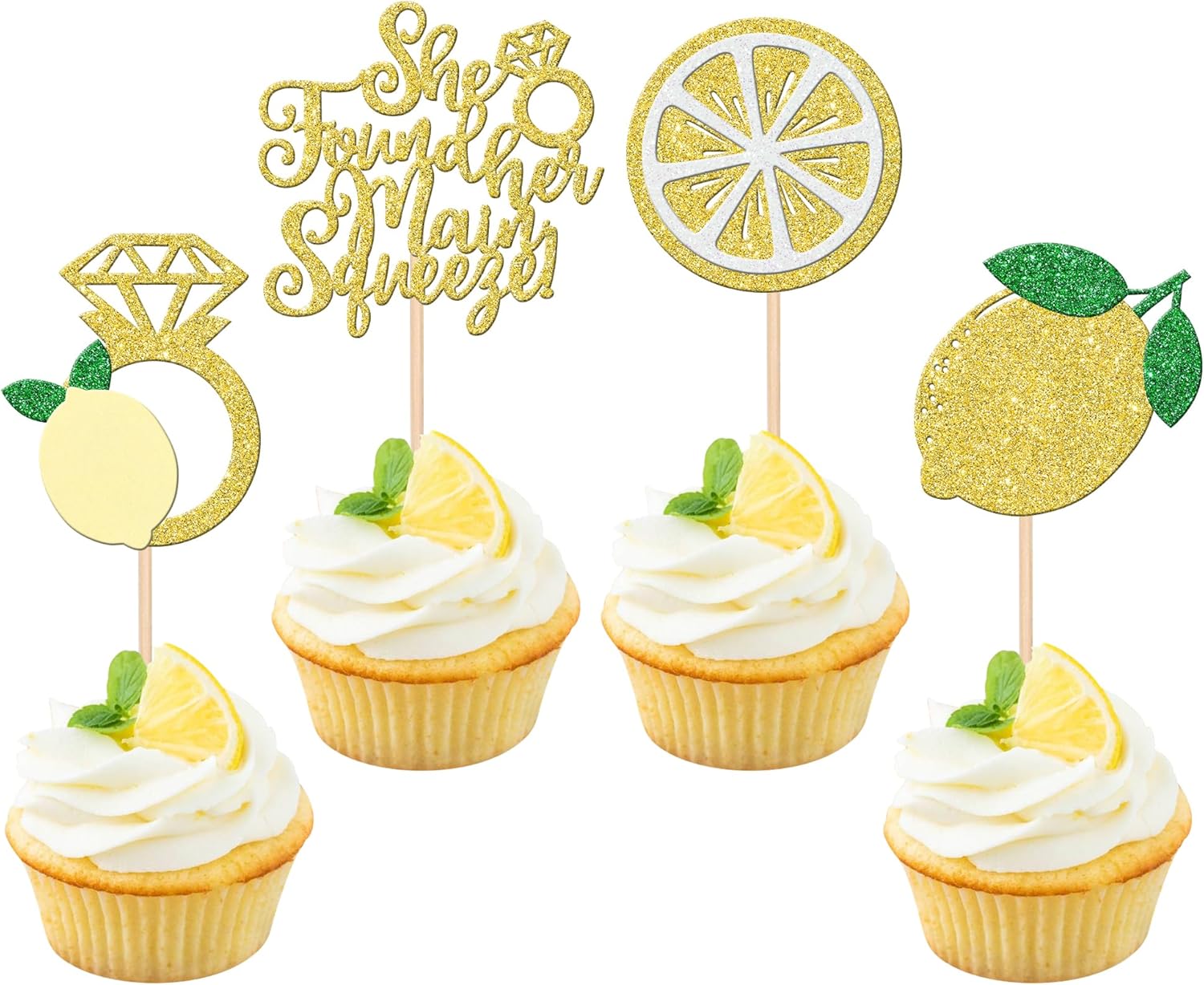 24 PCS Lemon Cupcake Toppers Glitter Lemonade Party She Found Her Main Squeeze Cupcake Picks for Lemon Theme Baby Shower Wedding Engagement Bridal Shower Birthday Party Cake Decorations Supplies