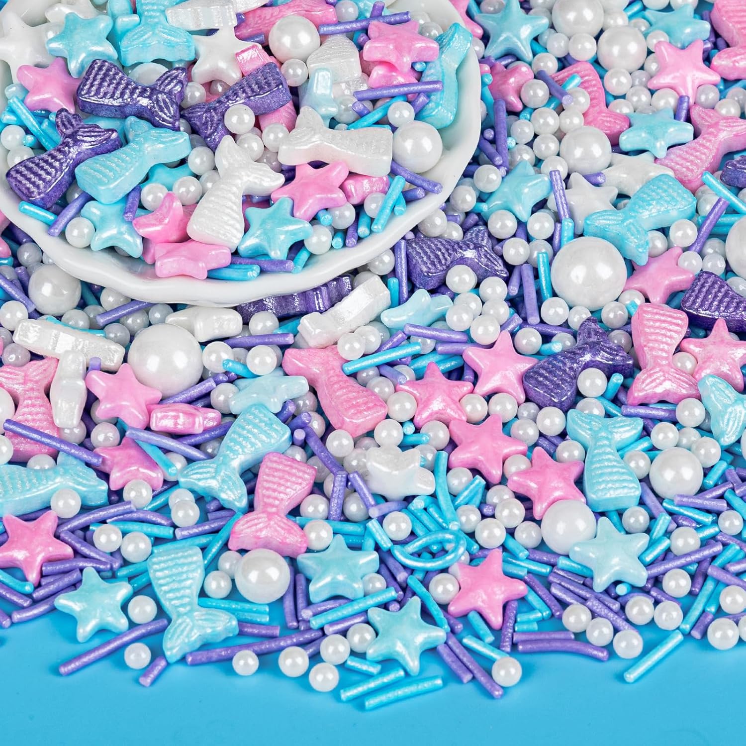 Edible Mermaid Sprinkles,130g/4.58oz,Sugar Pearl Stars Jimmies Mix,Pearl Candy Ocean Sprinkles,Summer Baking Cake Fun Decorations,Perfect for Ice Cream,Cookies,Dessert,Cupcake Topper,Birthday Children's Anime Theme Party Supplies