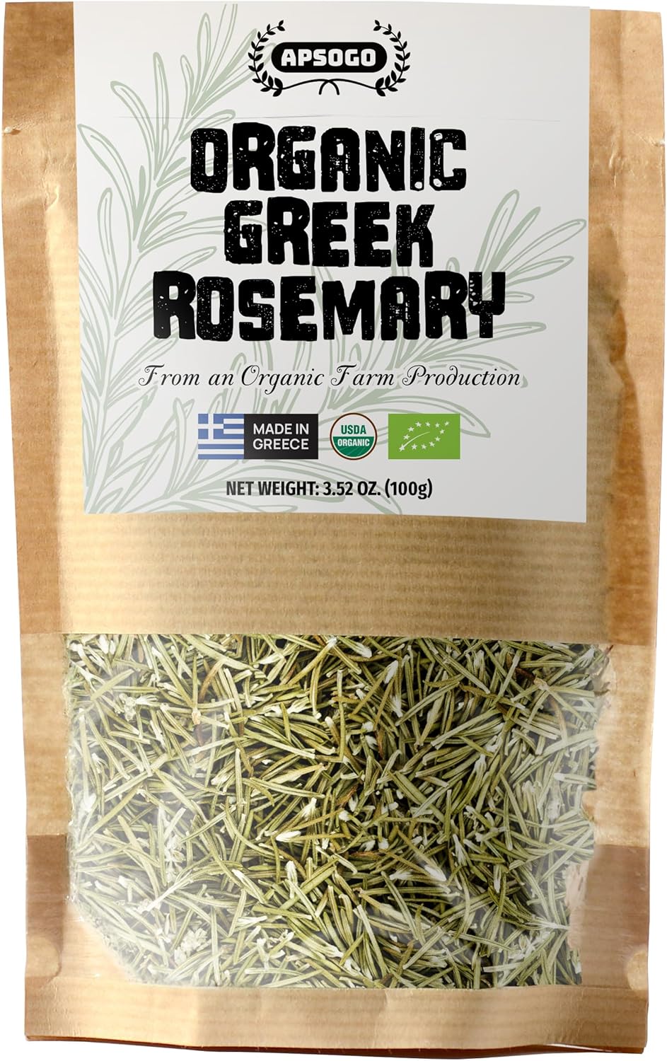 APSOGO Organic Dried Rosemary Leaves - 3.52oz Resealable Pouch - Premium Greek Whole Leaves, Rich Aroma & Green Color - Mediterranean Rosemary for Tea & Cooking