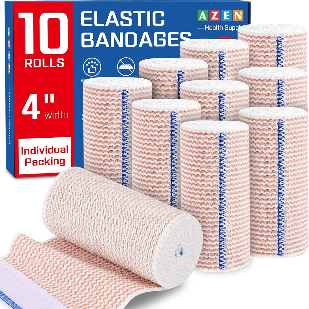 AZEN Premium 10 Pack Elastic Bandage Wrap 4 Inch, Compression Wrap Bandage for Legs, Lymphedema Wraps for Legs, Ankle, Knee, Tummy, Body
