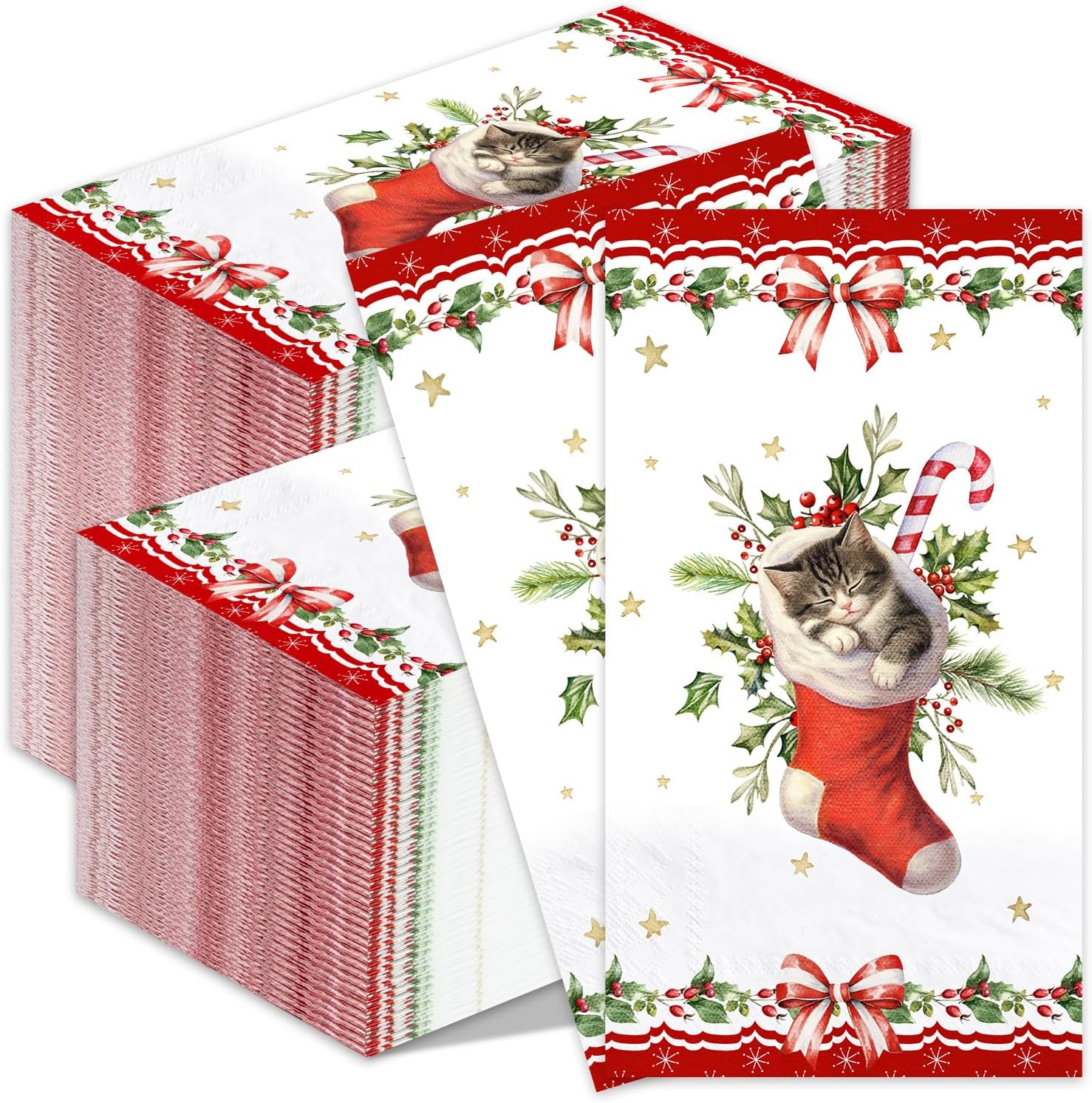 Lokigo 200 Pcs Disposable Guest Napkins Christmas Red Stockings Cat 2 Ply Decorative Dinner Paper Hand Towels Xmas Winter Cocktail Guest Hand Napkins for Party Holiday Bathroom (Cat)