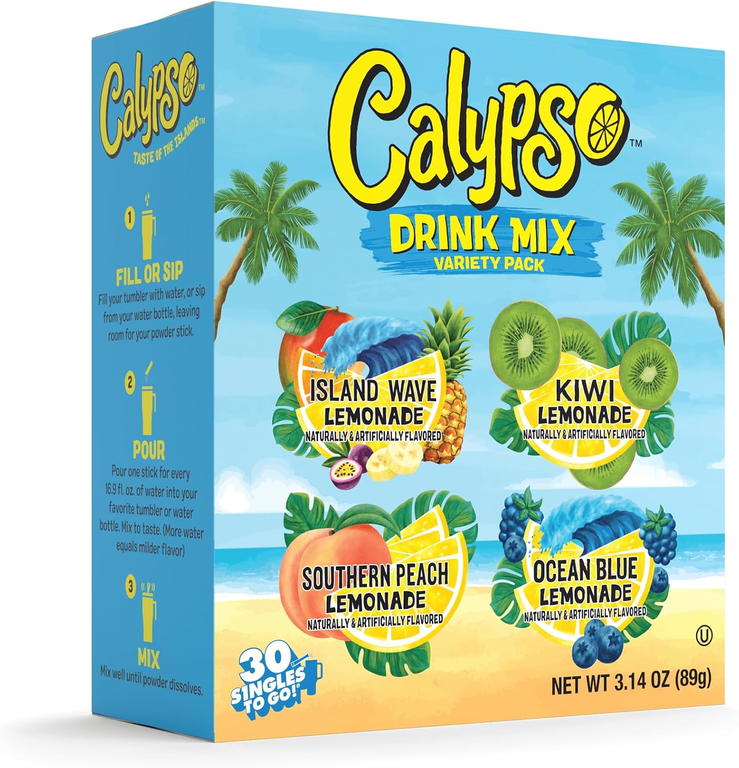 Calypso Singles To Go! Drink Mix Variety Pack – Lemonade On-the-Go Powdered Drink Mix Packets – Low Calorie Water Enhancer – Island Wave, Kiwi, Southern Peach, Ocean Blue Lemonade, 30 Count