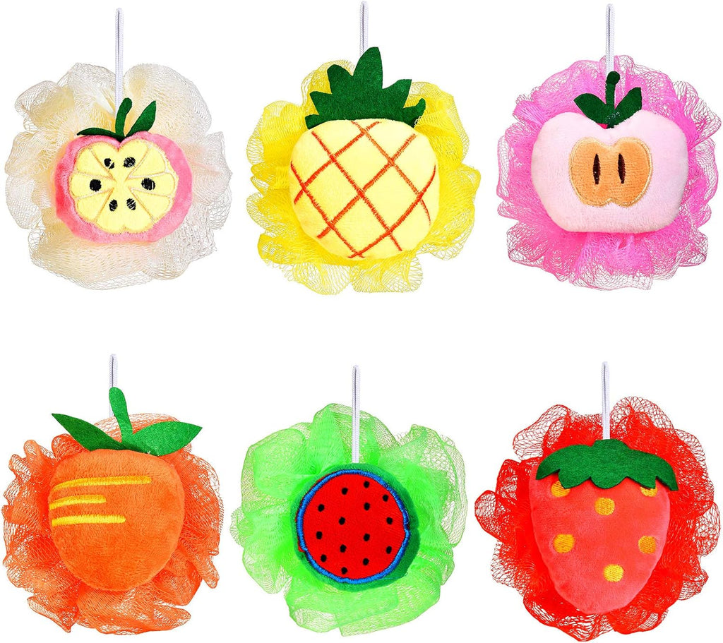 6 Pieces Cute Fruit Bath Shower Sponge Loofahs Mesh Pouf Shower Ball Colorful Cartoon Body Scrubber Balls Shower Mesh for Adults