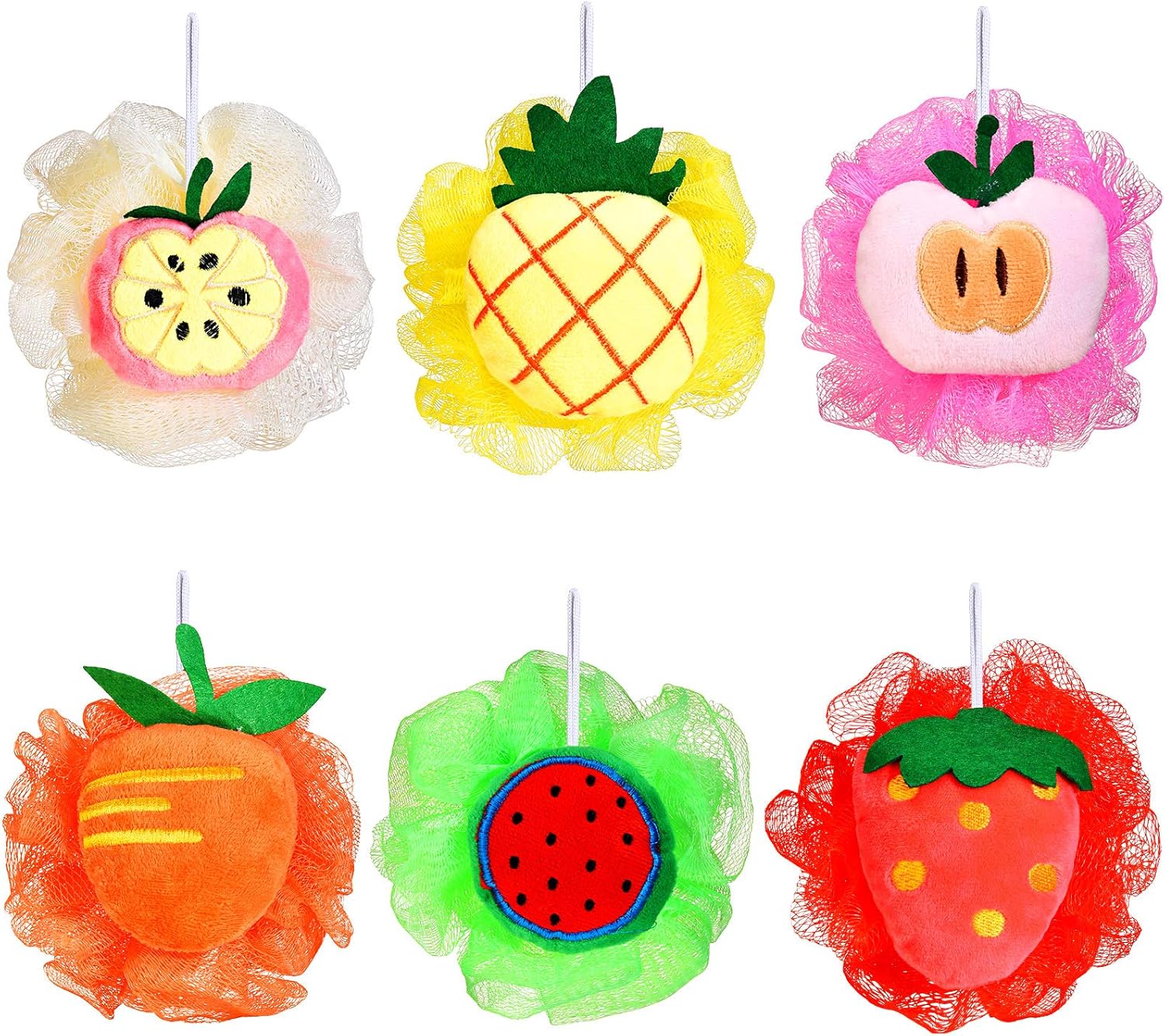 6 Pieces Cute Fruit Bath Shower Sponge Loofahs Mesh Pouf Shower Ball Colorful Cartoon Body Scrubber Balls Shower Mesh for Adults