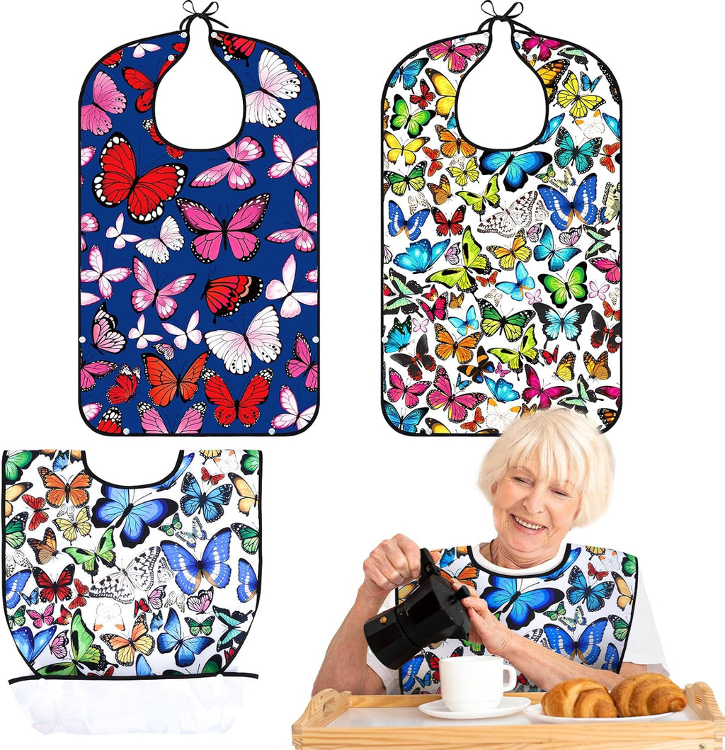 XKDOUS 2 Pack Adult Bibs for Man and Women, Waterproof and Reusable Adult Bibs for Eating with Optional Crumb Catcher, Machine Washable Dining Clothing Protector, Gifts for Women/Mom