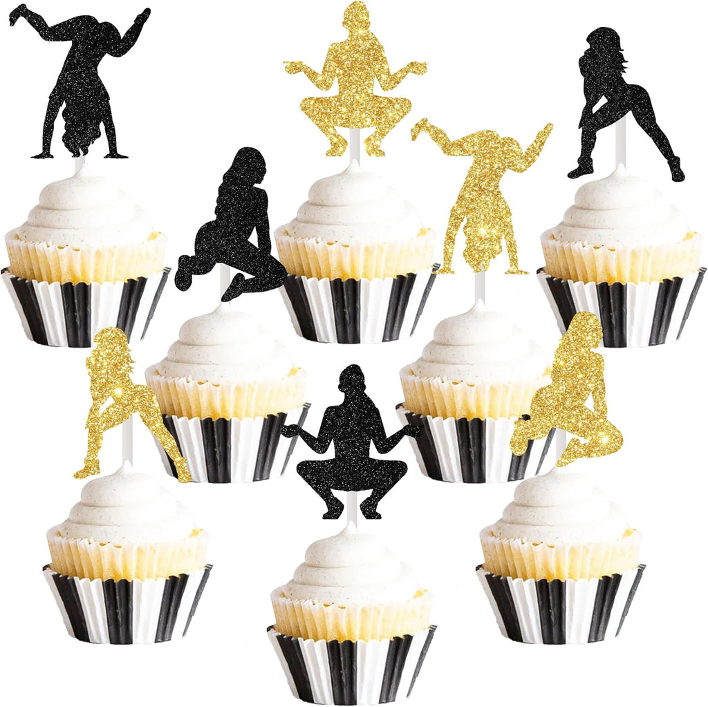 Cheereveal 24PCS Twerk Cupcake Toppers, Black and Gold Glitter Pole Dancing Cupcake Toppers for Funny Halloween Bachelorette Adults Birthday Party Decorations