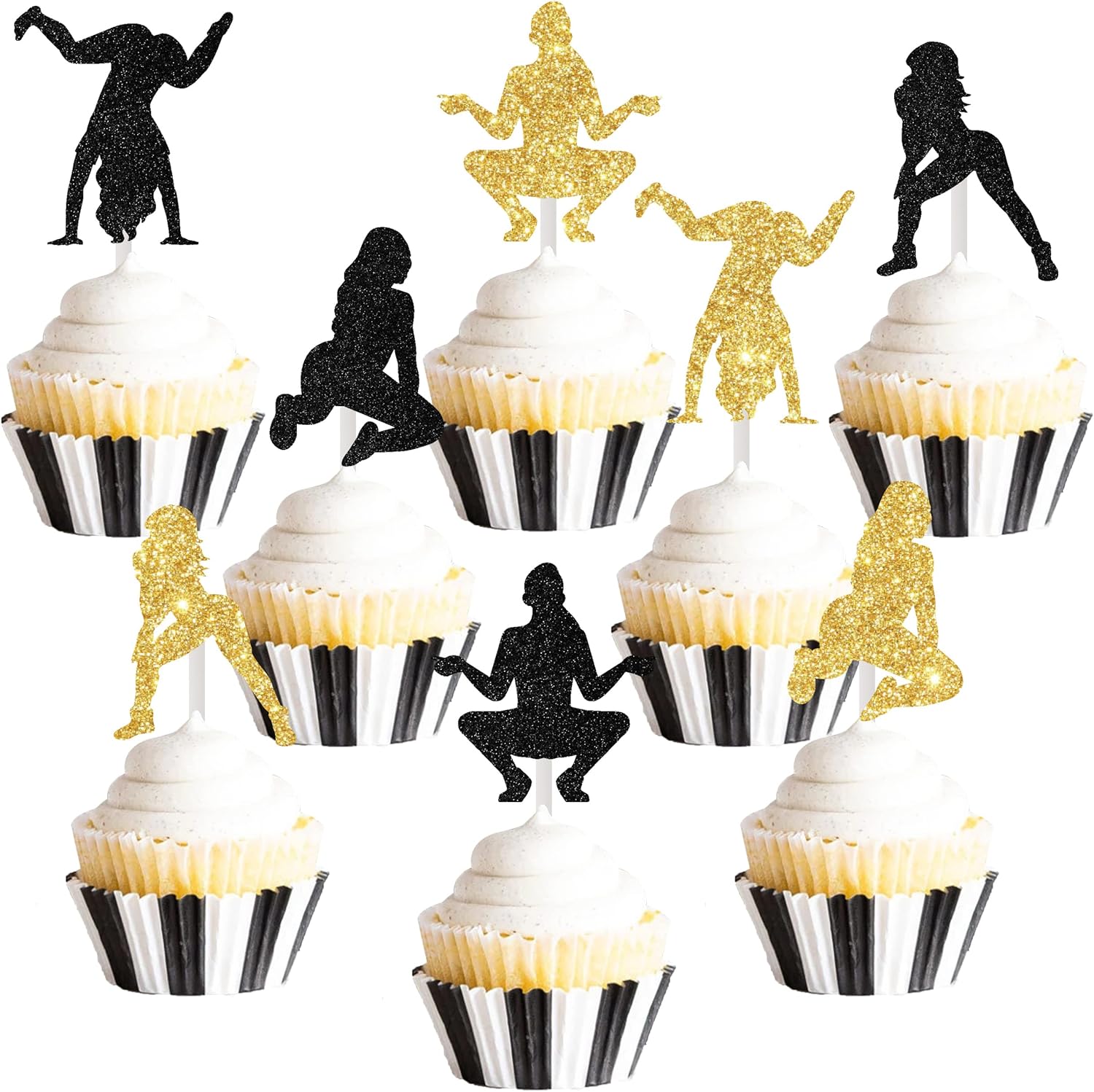Cheereveal 24PCS Twerk Cupcake Toppers, Black and Gold Glitter Pole Dancing Cupcake Toppers for Funny Halloween Bachelorette Adults Birthday Party Decorations