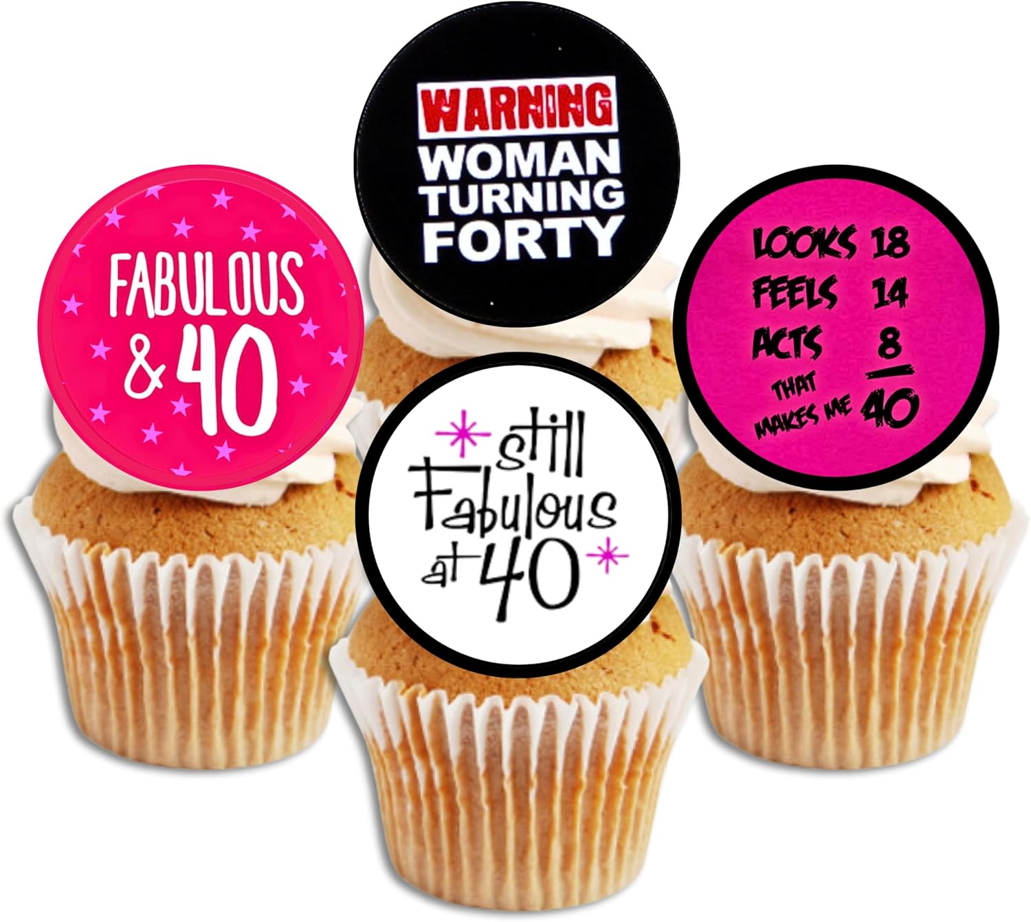 40th Birthday Edible Cupcake Toppers, 40 & Fabulous Edible Cake Decorations, 40th Birthday Decorations for Women, Pink and Black Cookie Decor, 1.5 Inch / 4cm Wafer Card Discs PRECUT (Pack of 24)