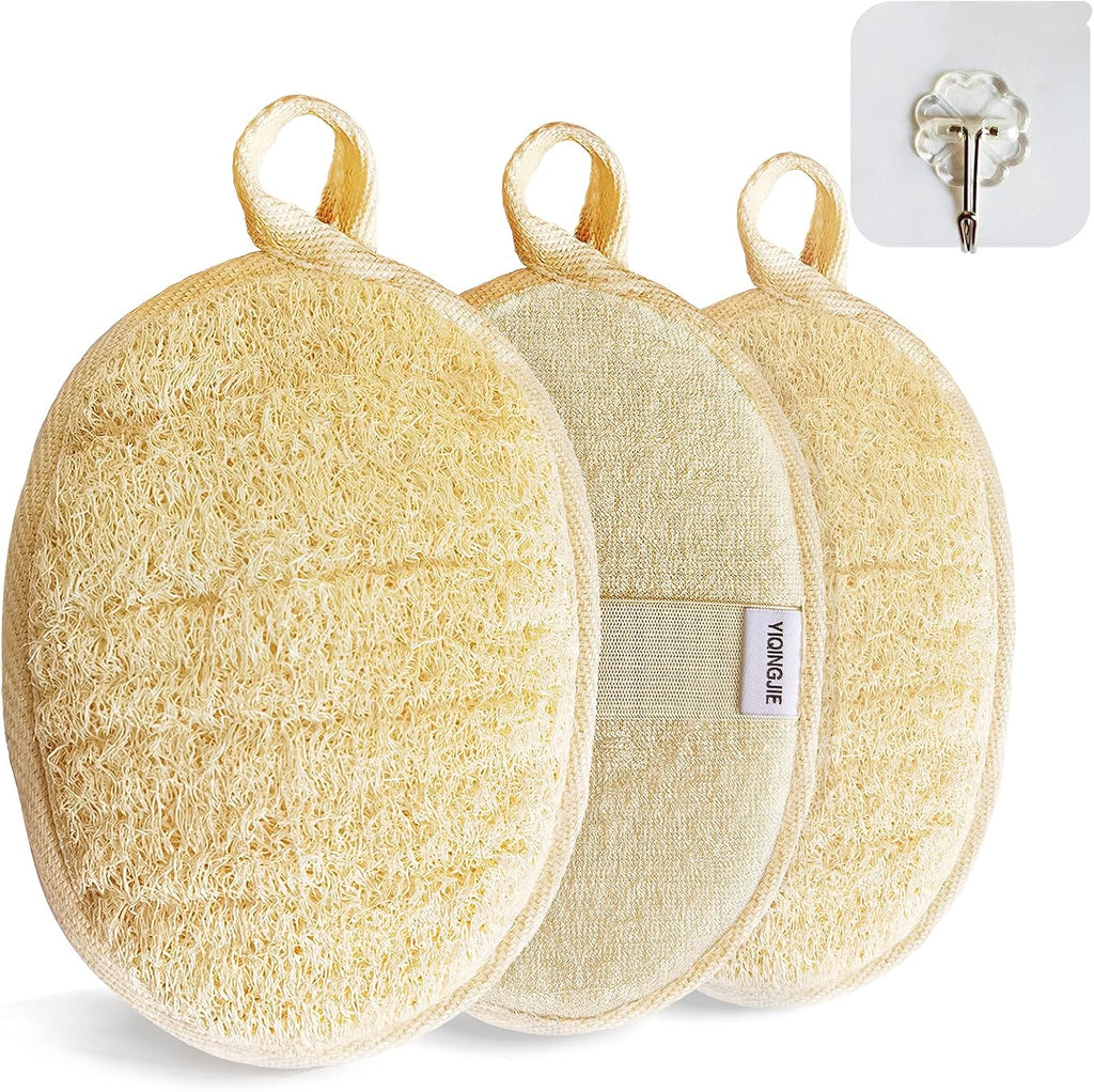 YIQINGJIE Natural Loofah Sponge Exfoliating Body Scrubber (3 Pack),Made with Eco-Friendly and Biodegradable Shower Luffa Sponge, Loofah for Women and Men, Beige