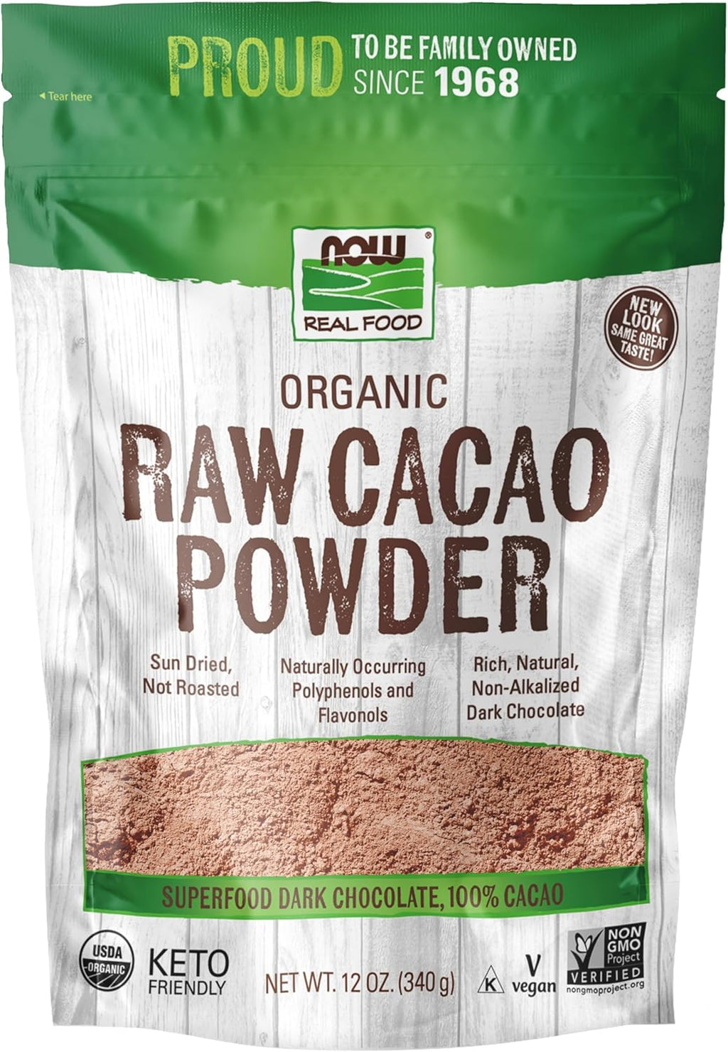 NOW Foods, Organic Raw Cacao Powder, with Polyphenols and Flavonols, Sun-Dried, Intensely Rich Flavor, 12-Ounce (Packaging May Vary)