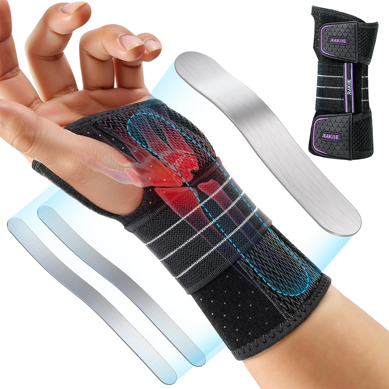 Rakiie Carpal Tunnel Wrist Brace, Adjustable Night Wrist Support with 3 Metal Splints, Hand Brace for Men Women No Pressure on Thumb, Splint Stabilizer for Work, Arthritis (Left Hand, Purple, Small)
