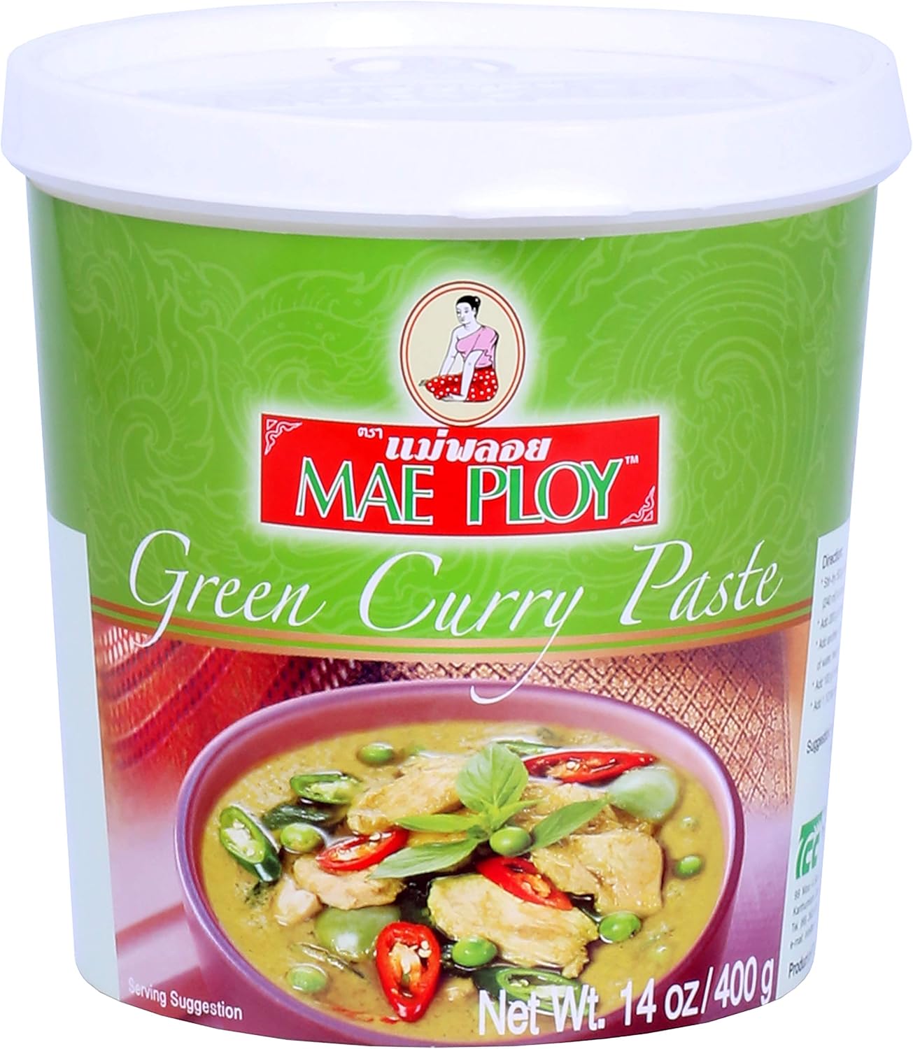 Mae Ploy Green Curry Paste, Authentic Thai Green Curry Paste for Thai Curries & Other Dishes, Aromatic Blend of Herbs, Spices & Shrimp Paste, (14oz Tub) (25469)