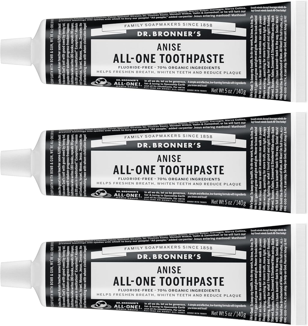 Dr. Bronner’s All-One Toothpaste – Anise, 5 oz, 3-Pack – Fluoride-Free Toothpaste for Adults, SLS-Free, 70% Organic & Natural Ingredients, Vegan, Helps Freshen Breath, Reduce Plaque, Whiten Teeth