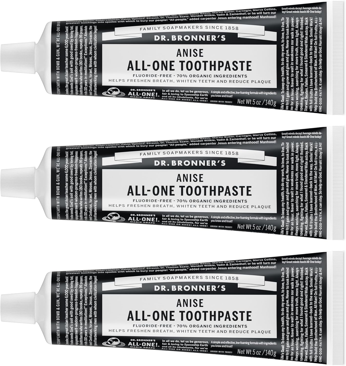 Dr. Bronner’s All-One Toothpaste – Anise, 5 oz, 3-Pack – Fluoride-Free Toothpaste for Adults, SLS-Free, 70% Organic & Natural Ingredients, Vegan, Helps Freshen Breath, Reduce Plaque, Whiten Teeth