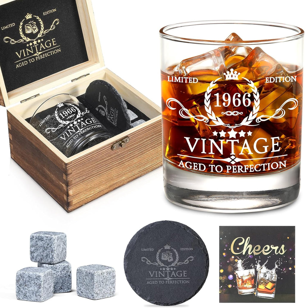 60th Birthday Gifts for Men Whiskey Glass Set - 60th Birthday Decorations, Party Supplies - 60 Year Anniversary, Bday Gifts Ideas for Him, Dad, Husband, Friends - Wood Box & Whiskey Stones & Coaster