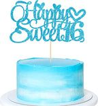 1Pc Happy Sweet 16 Cake Topper Glitter 16th Birthday Cake Pick for Cheers to 16 Years Old 16th Birthday Party Cake Decorations Supplies Light Blue