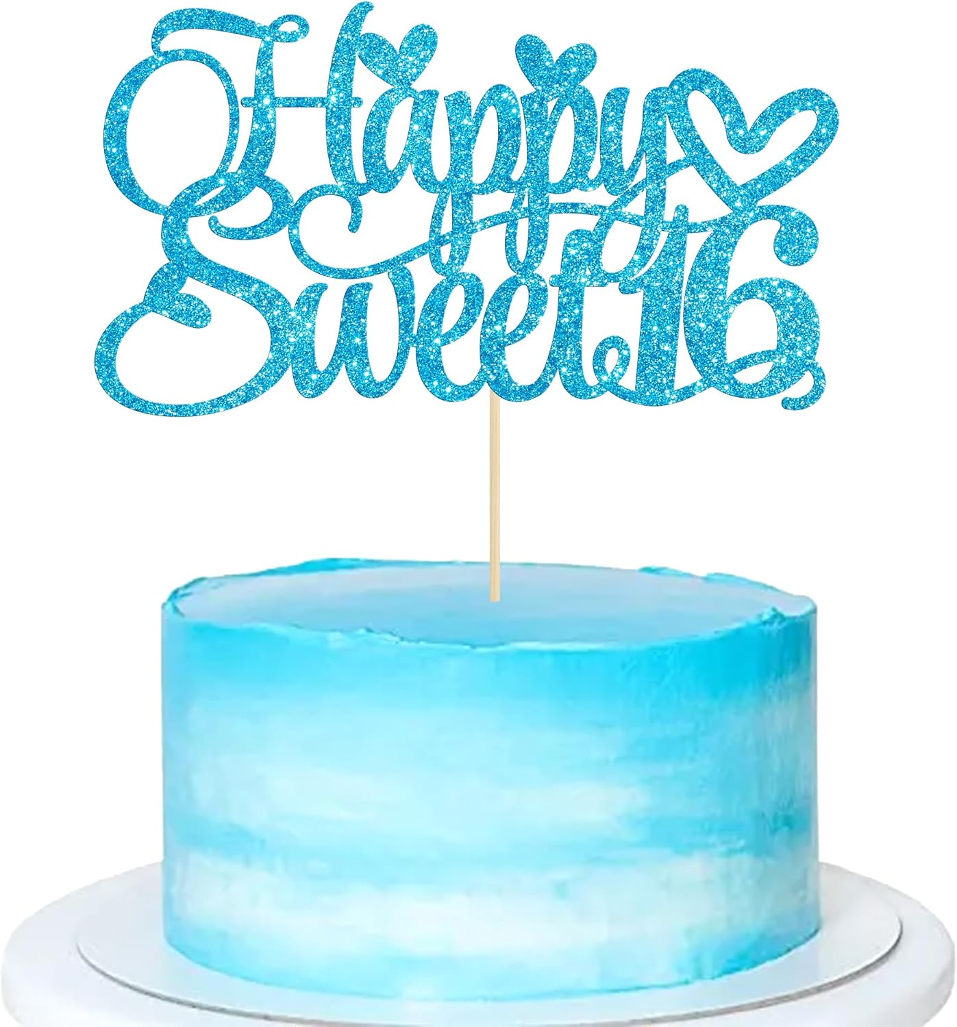 1Pc Happy Sweet 16 Cake Topper Glitter 16th Birthday Cake Pick for Cheers to 16 Years Old 16th Birthday Party Cake Decorations Supplies Light Blue