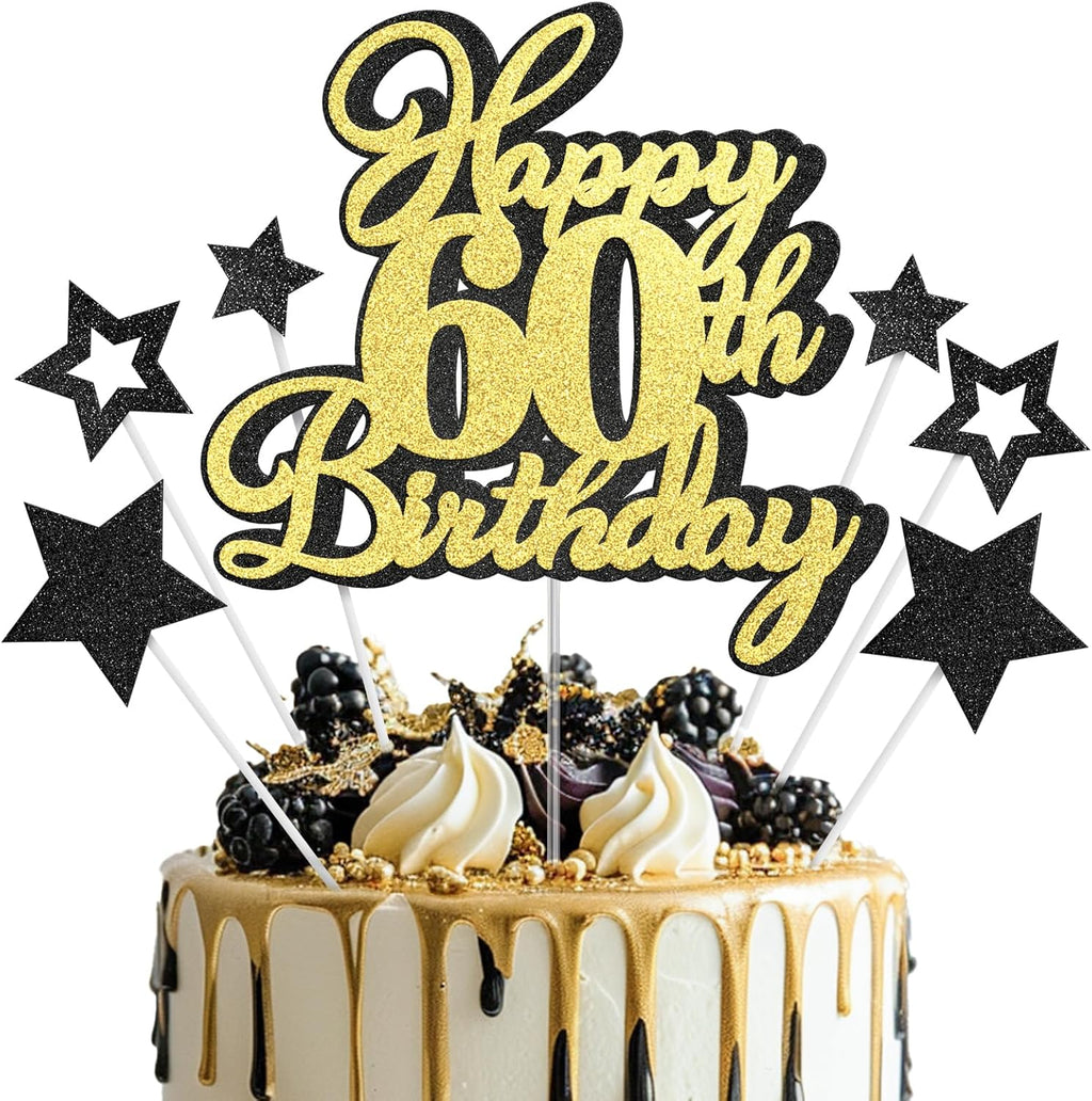 Happy 60th Birthday Cake Topper 60 Birthday Cake Decorations, Happy 60th Birthday Anniversary Party Cake Decorations for Men Women, Black Gold Glitter