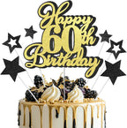 Happy 60th Birthday Cake Topper 60 Birthday Cake Decorations, Happy 60th Birthday Anniversary Party Cake Decorations for Men Women, Black Gold Glitter