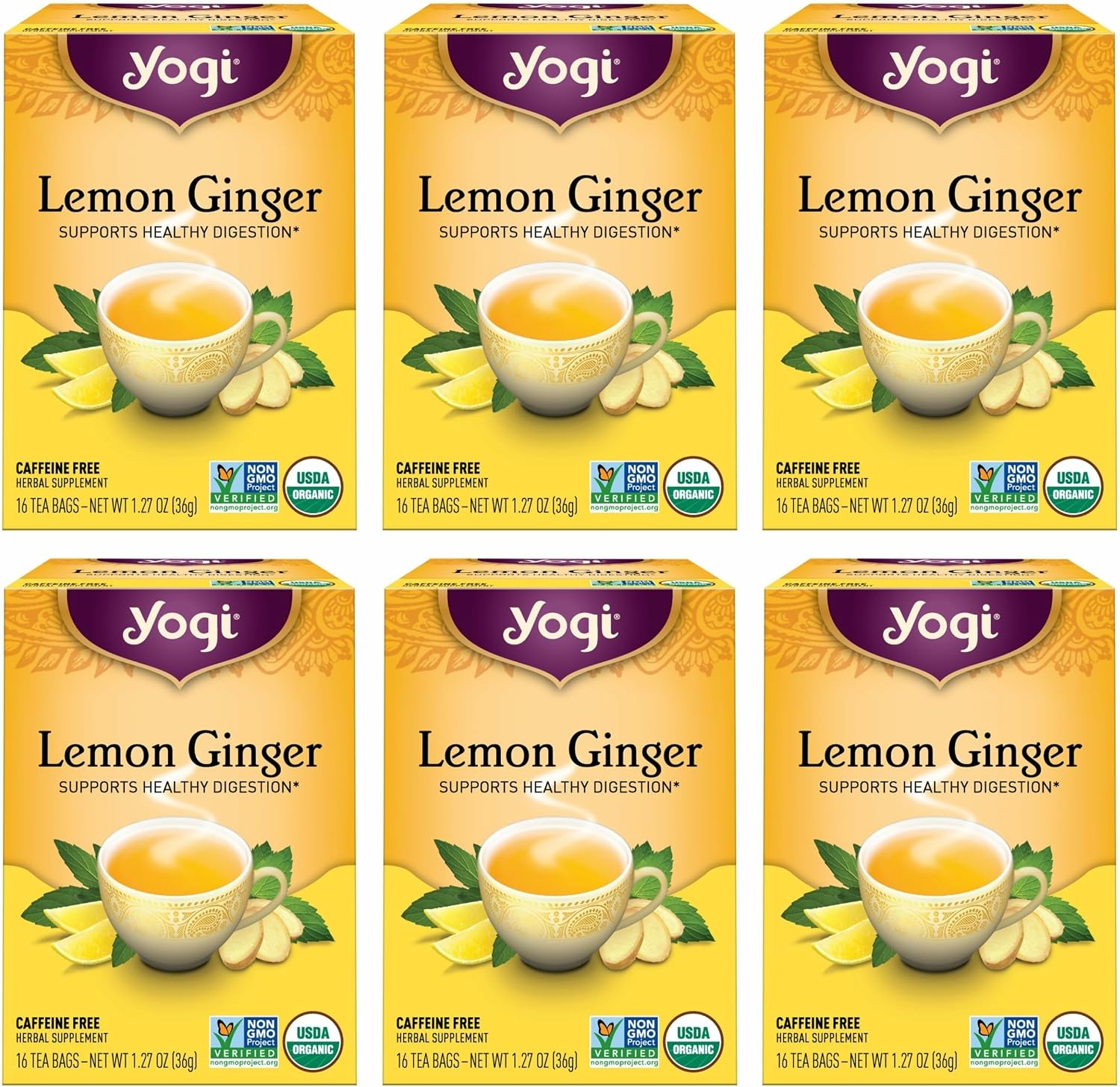 Yogi Tea Lemon Ginger Tea - 16 Bags per Pack (6 Packs) - Organic Ginger Root Tea to Support Healthy Digestion - Includes Lemongrass, Lemon Flavor, Licorice Root, Lemon Peel & More