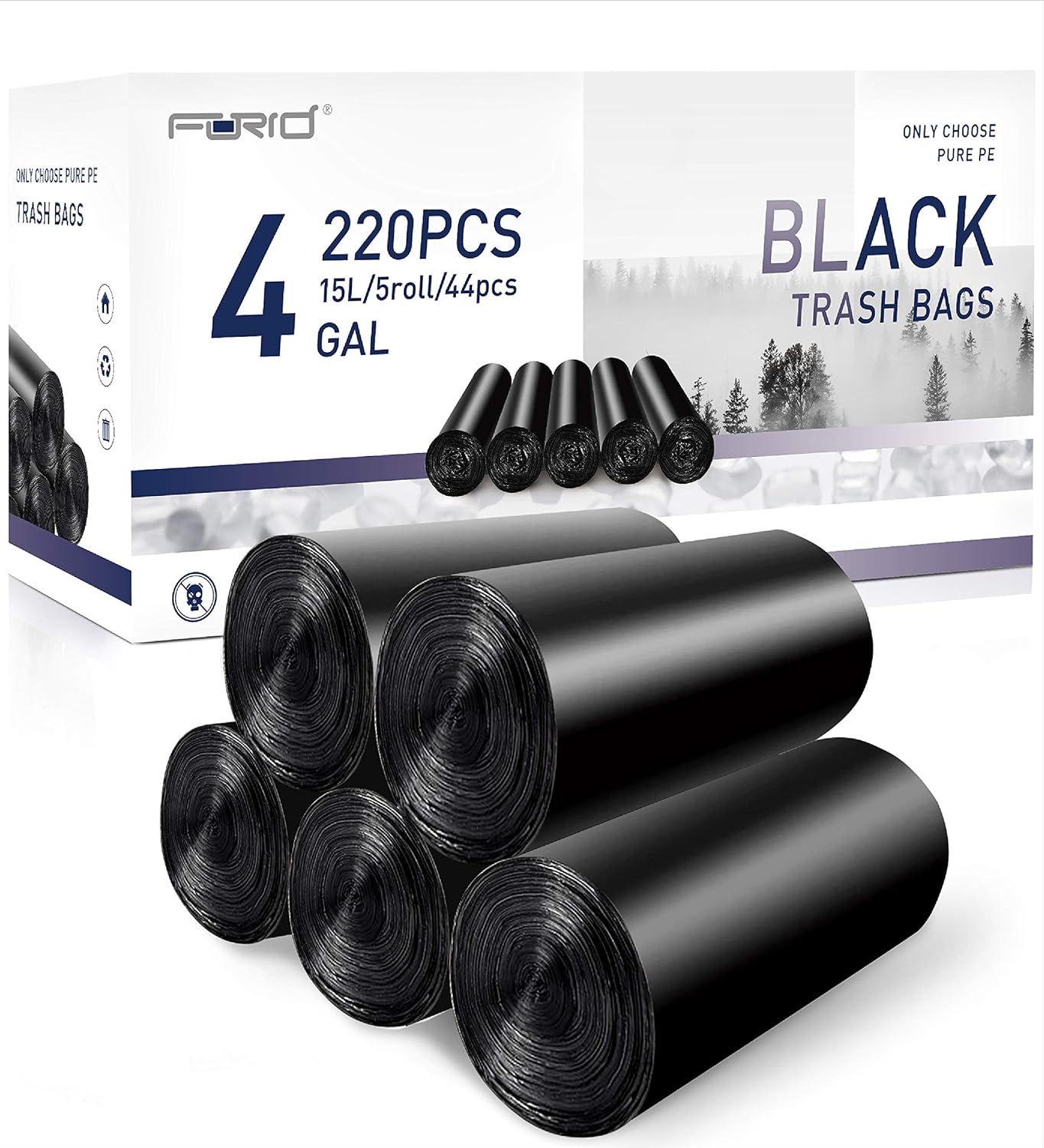 FORID Small Black Trash Bags, 4 Gallon Garbage Bags, 220 Counts Strong Plastic Trash Can Liners 15 Liter for Kitchen Bathroom Office Waste Basket - Durable & Thick Trash Bag