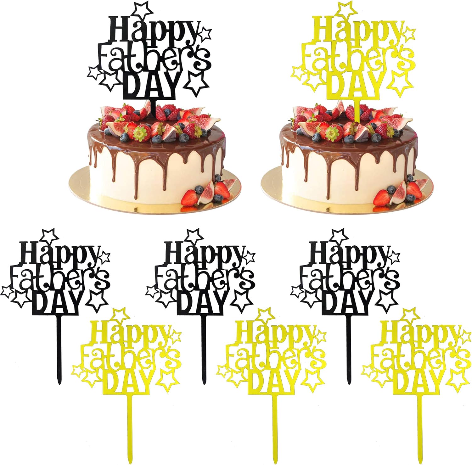 HADDIY Happy Father's Day Cake Toppers,8 Pcs Gold and Black Acrylic Cake Decoration Topper for Fathers Day Party Favors