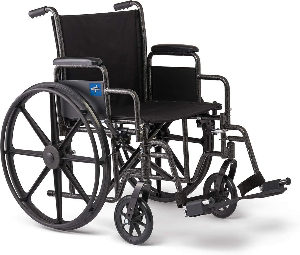 Medline Comfortable Folding Wheelchair with Swing-Back Desk-Length Arms and Swing-Away Footrests, 16”W x 16”D Seat