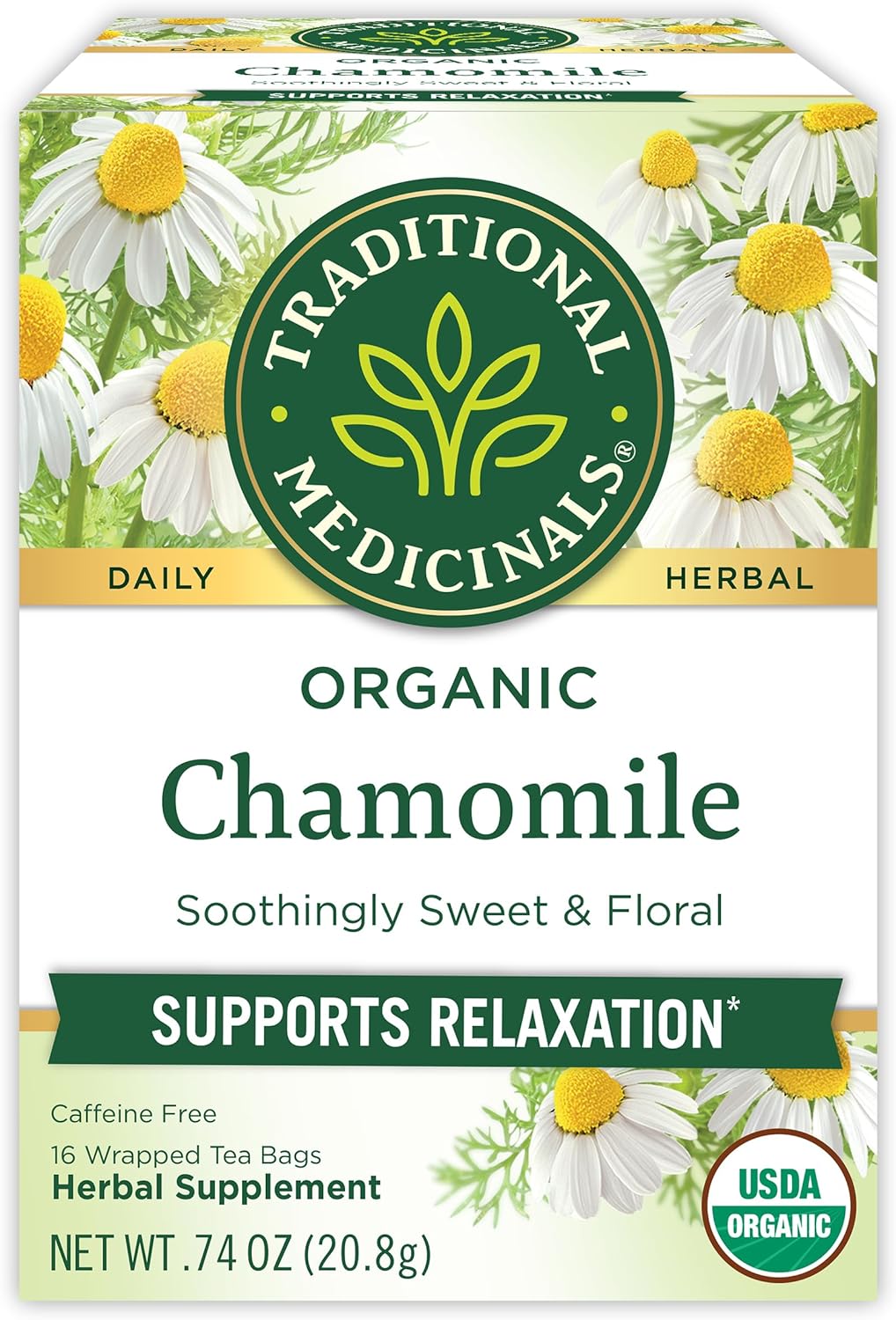 Traditional Medicinals Organic, Chamomile Tea - Supports Stress Relief and Relaxation - Kosher, Non-GMO, Caffeine-Free, Compostable - 16 Tea Bags