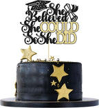 1Pc She Believed She Could So She Did Cake Topper with Glitter Grad Cap Cake Pick Class of 2026 Senior Graduation Cake Decoration for 2026 Graduation Theme Party Decorations Supplies Black Gold