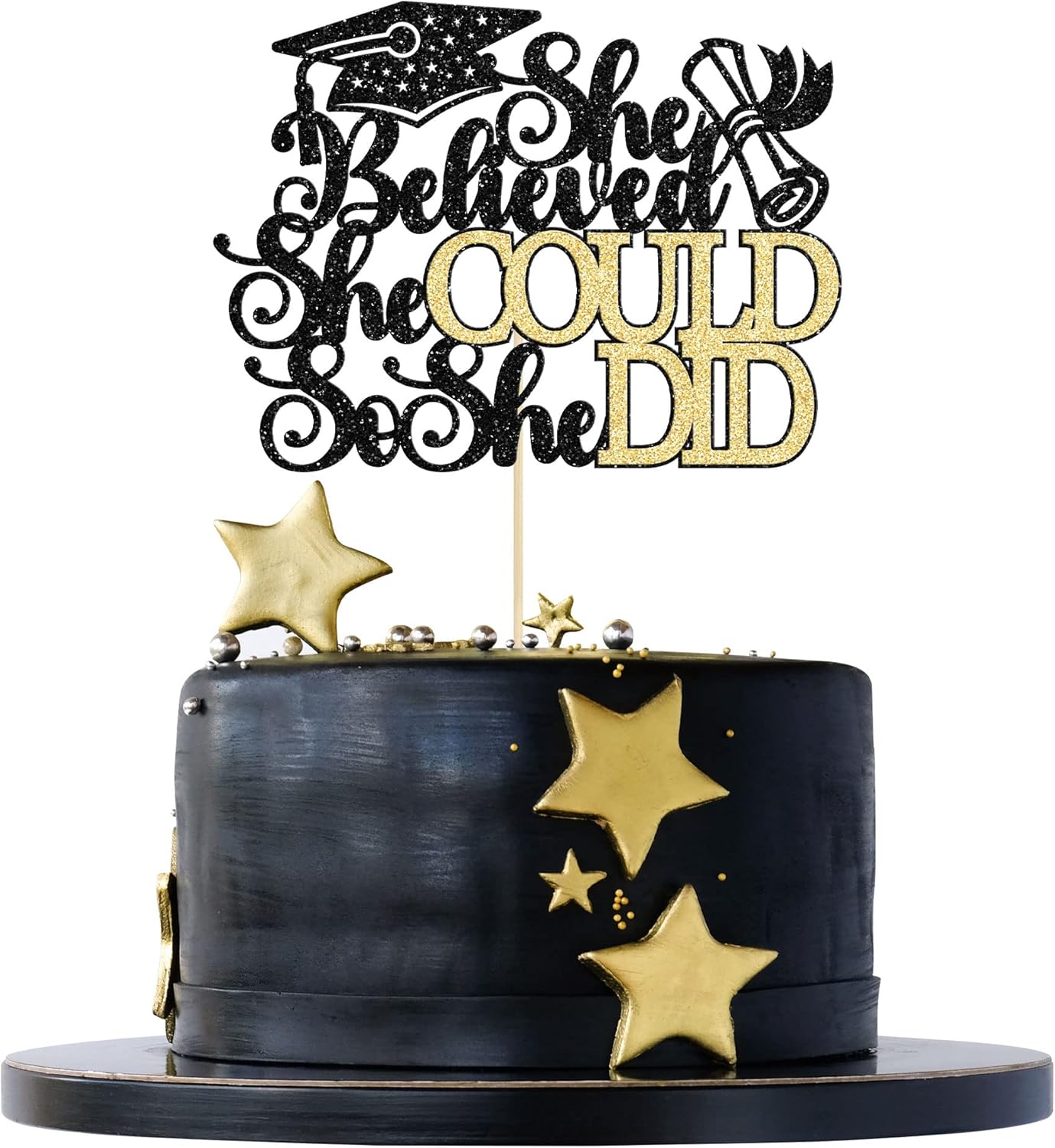 1Pc She Believed She Could So She Did Cake Topper with Glitter Grad Cap Cake Pick Class of 2026 Senior Graduation Cake Decoration for 2026 Graduation Theme Party Decorations Supplies Black Gold